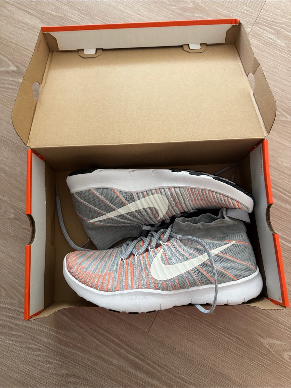 Nike AirMax Trainer 1s Gray & Orange Flyknit Sneakers